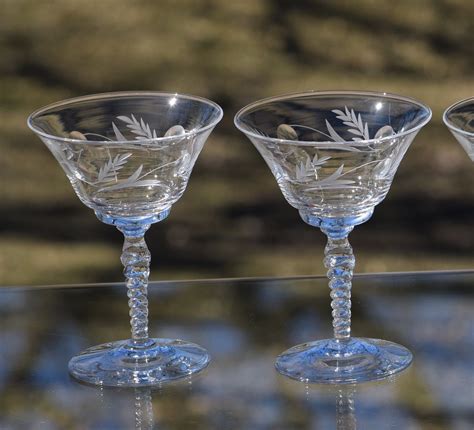 Vintage Etched Cocktail Martini glasses, Set of 4, Unique Twisted Stem ...