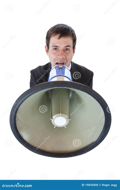 Young Businessman Shouting Loudly Into Megaphone Stock Photo - Image of call, discount: 19836006