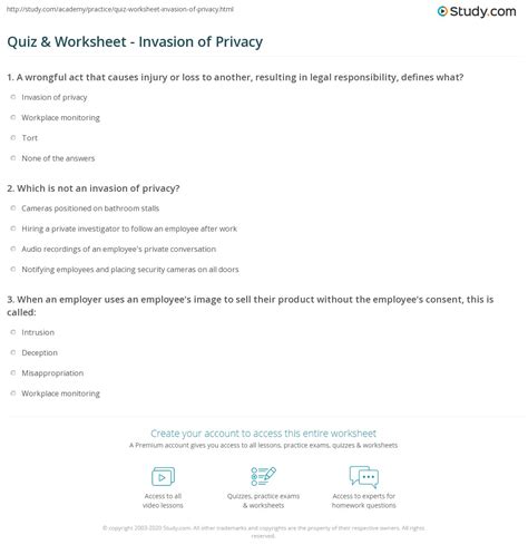 Quiz & Worksheet - Invasion of Privacy | Study.com