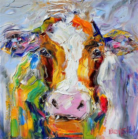 Colorful Cow painting original oil 12x12 abstract palette knife ...