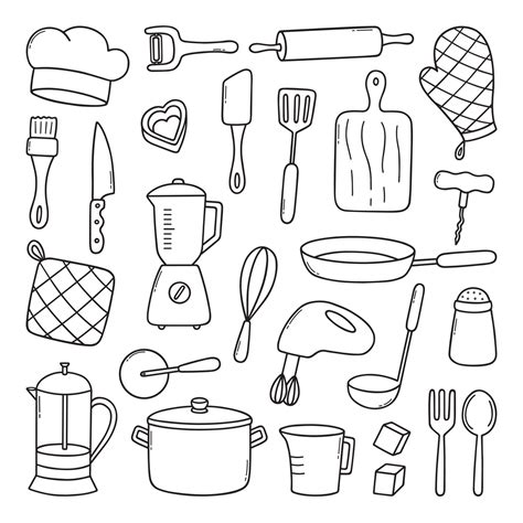 Kitchen tools doodle set. Cooking utensil in sketch style. Hand drawn vector illustration ...