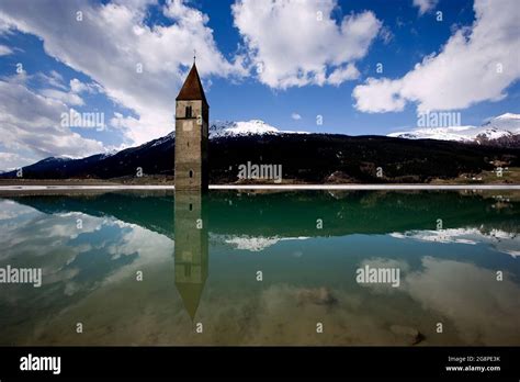 The bell tower in Reschensee, Lago di Resia, Lake Reschen, South Tyrol ...