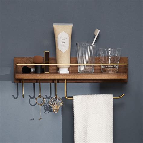 Wood Bathroom Shelf with Hooks and Paper Holder - Wood Shower Shelf and ...