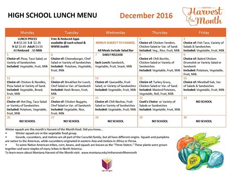 December 2016 High School Lunch Menu | School lunch menu, Lunch menu, Breakfast menu