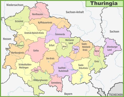 Administrative divisions map of Thuringia - Ontheworldmap.com