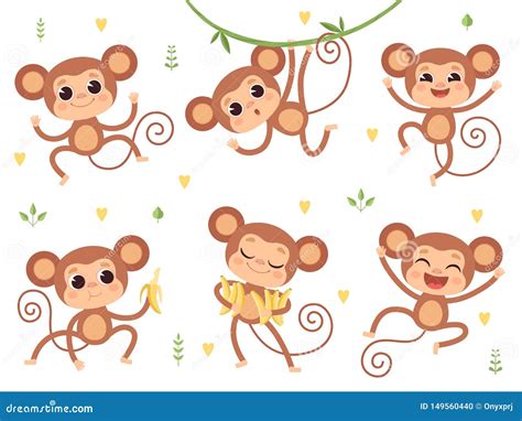 Cute Monkeys. Jungle Wild Animals Baby Little Monkeys Playing Vector ...