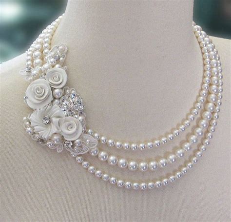 Swarovski Pearl Statement Necklace with Crystals, Triple Strand, with Lace and Flowers - WEDDING ...