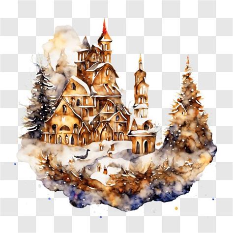 Download Watercolor Painting of a Snowy Castle Adorned for the Holiday ...