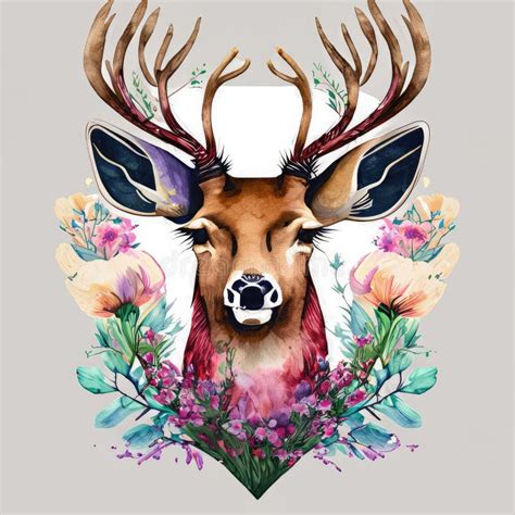 Watercolor, a Beautiful Deer Head Vector Logo with Hand Drawn Superimposed Flowers. Stock ...