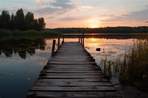 Premium AI Image | Old wooden dock at the lake sunset shot