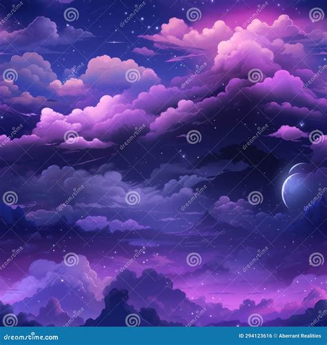 An Illustration of Purple Clouds and Moon in the Night Sky Stock ...