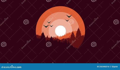 Animation of Pine Mountains and Birds Flying with Bluish Sun Rays in ...