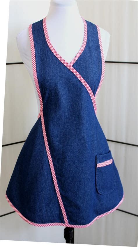 Fun Flirty Blue Denim Apron with red and white checkered trim. The Clara Apron with one double ...