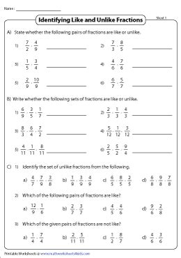 Types of Fractions Worksheets