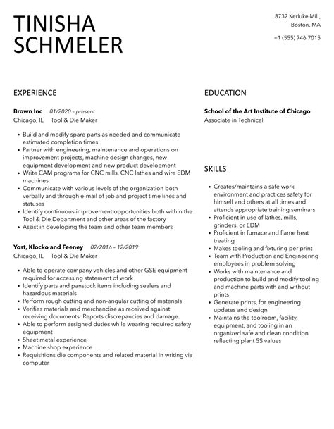 Tool & Die Maker Resume Samples | Velvet Jobs