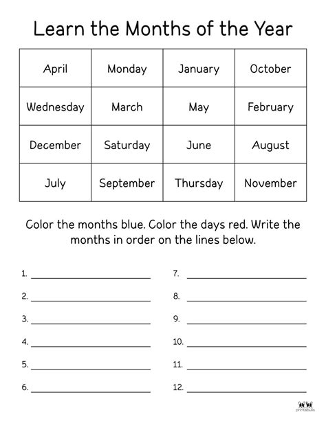 Months of the Year Worksheets & Printables | Printabulls Calendar Worksheets, Homeschool ...