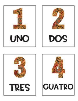 Spanish Numbers 1-20 Flash Cards Printable - Paisley Pattern Theme