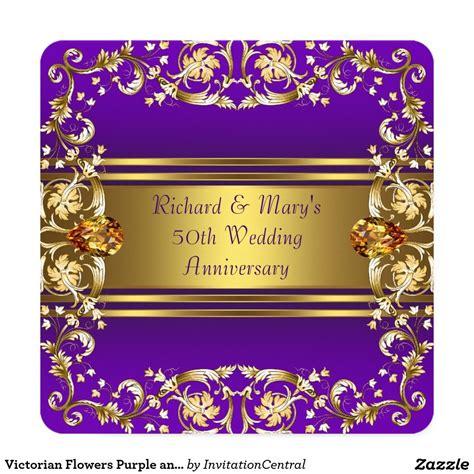 Victorian Flowers Purple and Gold 50th Anniversary Invitation | Zazzle.com | 50th anniversary ...