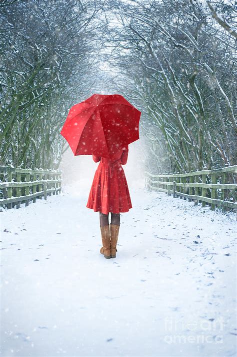 Woman With Red Umbrella In Snow Photograph by Lee Avison - Pixels