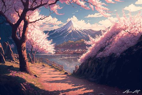 Cherry Blossom in Japan with Mountain Graphic by Alone Art · Creative ...