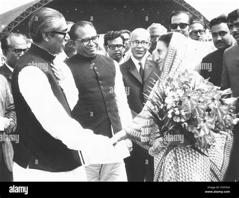 Sheik Mujibur Rahman, Premier of Bangladesh, with Indian PM Indira Gandhi. Dhaka (Dacca), March ...