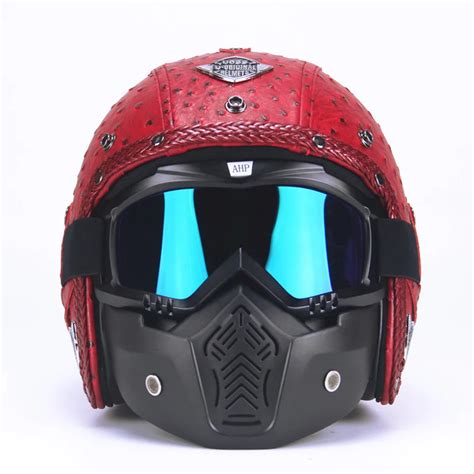 PU Leather Motorcycle Helmets Retro Vintage Motorcycle Helmets with Goggle Mask Retro Harley ...