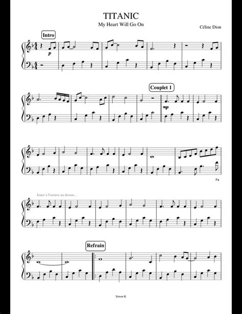 Easy Partition Piano Titanic - My Heart Will Go on sheet music for Piano download free in PDF or ...