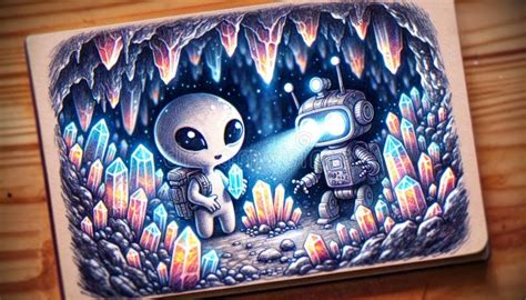 Alien and Robot Exploring a Crystal Cave Stock Illustration - Illustration of spelunking ...