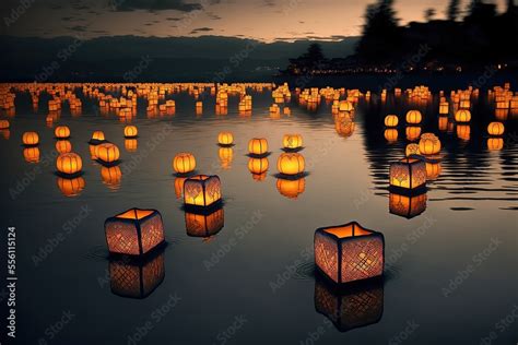 OBON FESTIVAL, JAPAN, Floating lanterns during Japan's Obon Festival Stock Illustration | Adobe ...