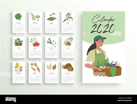 2020 calendar template, new year planner with farm concept cartoon on isolated white background ...