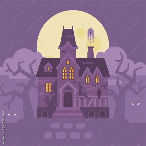 Abandoned gothic mansion with ghosts. Halloween haunted house flat ...