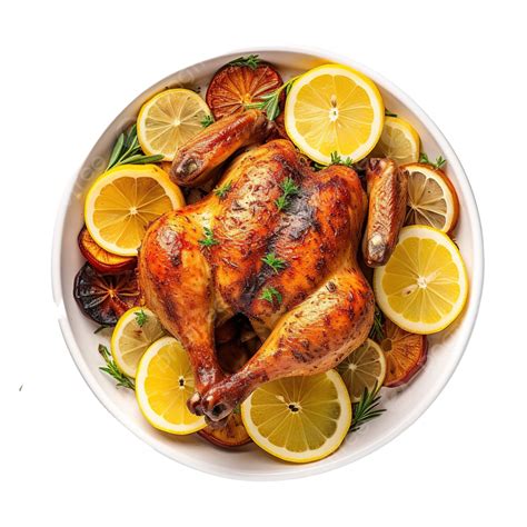 Top View Of Thanksgiving Roasted Chicken Dish With Lemon Slices, Food ...