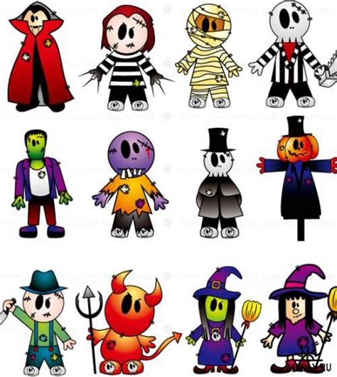 cartoon halloween characters with different costumes and hair colors ...