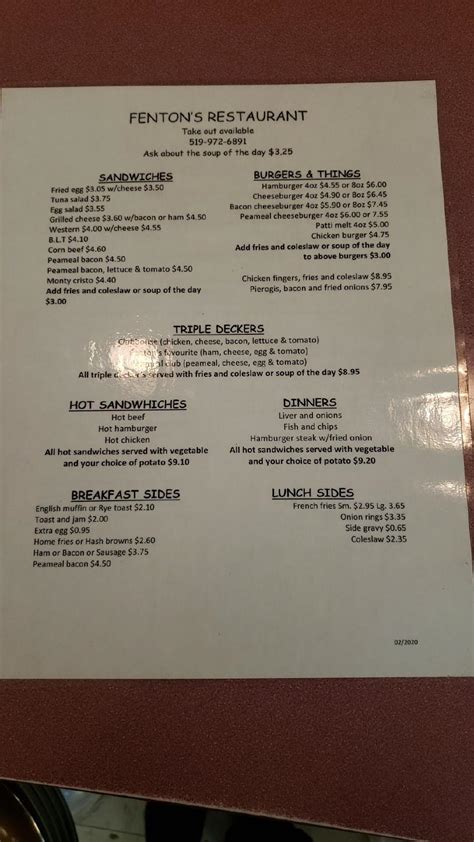 Menu at Fenton's Restaurant, Windsor