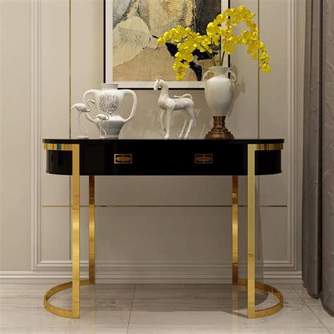 Oval Entryway Accent Table with Storage Black Console Table 2 Drawer Gold Hardware Stainless Steel
