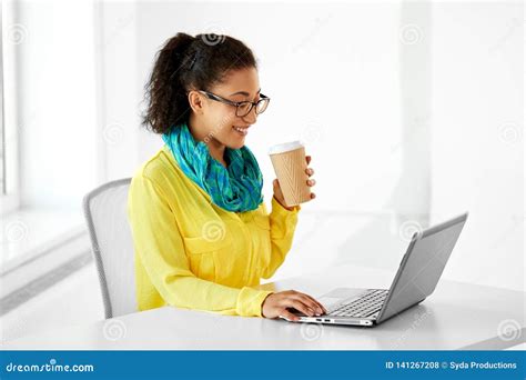 Creative Woman with Coffee and Laptop at Office Stock Photo - Image of coffee, beverage: 141267208