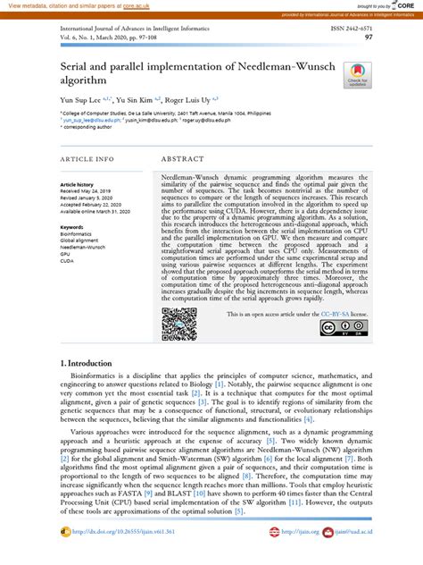 Serial and Parallel Implementation of Needleman-Wunsch Algorithm | PDF | Sequence Alignment ...