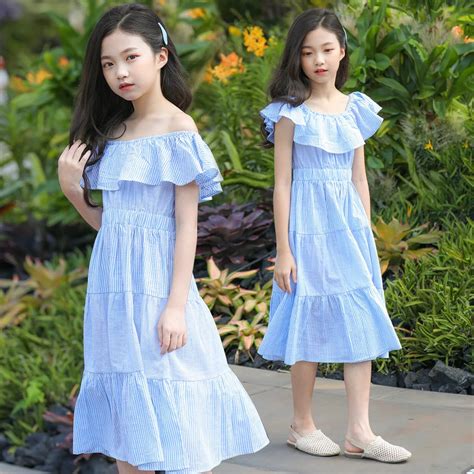 Teenage Girls Children Dress Ruffle Shoulderless Summer Holiday Kids Dresses for Girls Clothes ...