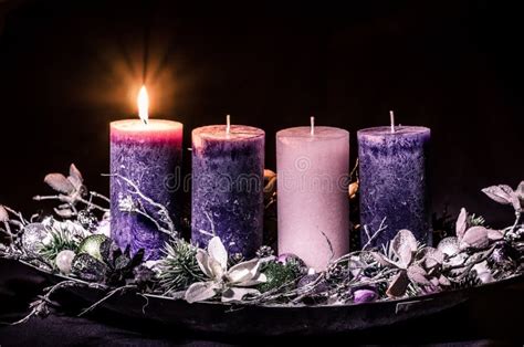 One Burning Candle on Advent Wreath Stock Photo - Image of festive, background: 200087404