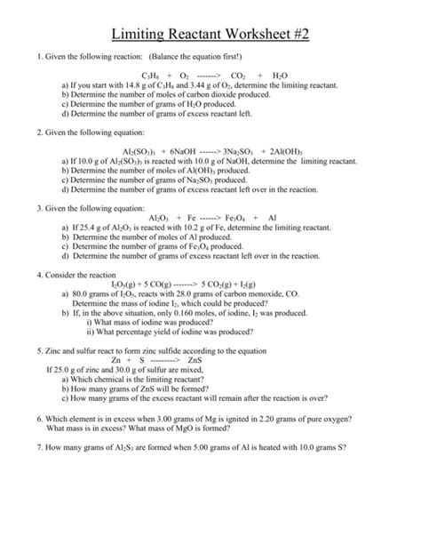 Limiting And Excess Reagent Worksheet