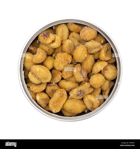 Top view of an opened can of salted caramel coated peanuts isolated on a white background Stock ...