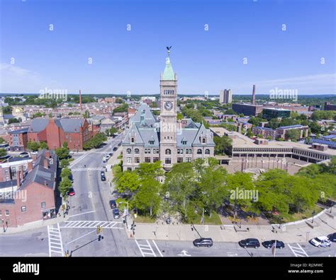 Lowell City Hall and downtown aerial view in downtown Lowell ...