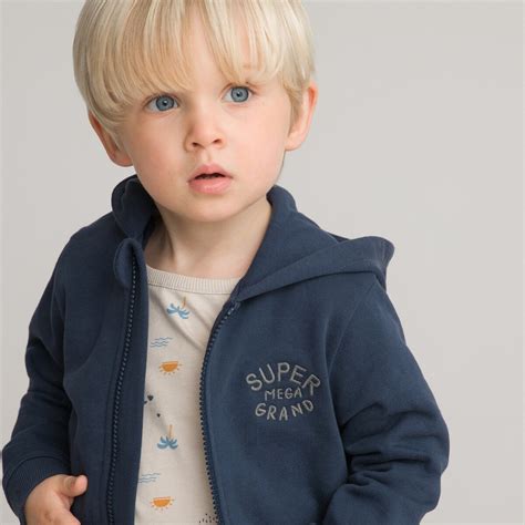Cotton zip-up hoodie with slogan embroidery on front, navy blue, La Redoute Collections | La Redoute