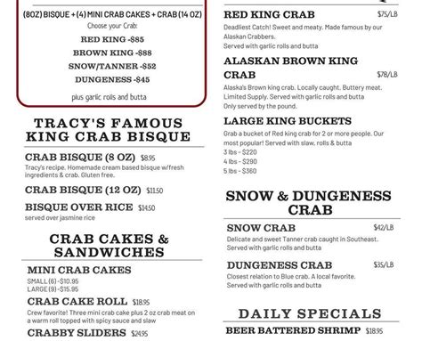 Menu at Tracy’s King Crab Shack restaurant, Juneau, 432 S Franklin St