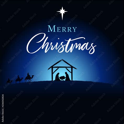 Merry Christmas, birth of Christ greeting card. Nativity scene of baby ...