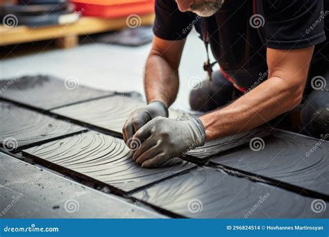 Worker Installing Ceramic Tiles. Construction and Architecture Concept ...