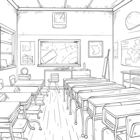 Dessin Coloriage Salle De Classe Pages à Colorier Contour Croquis Vecteur PNG , Dessin De Classe ...