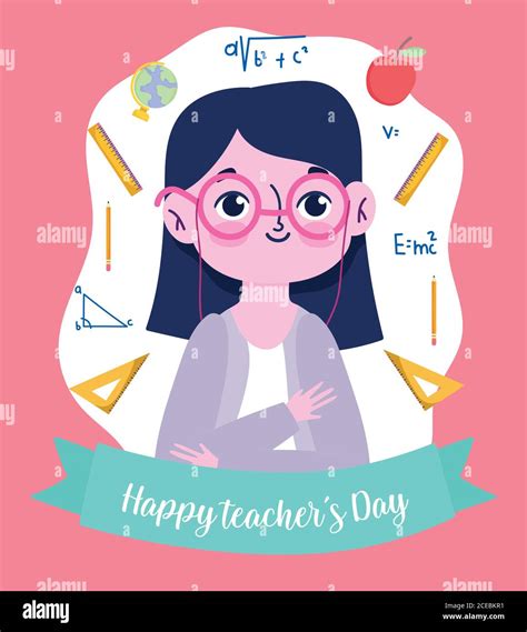 happy teachers day, teacher with glasses and supplies school cartoon ...