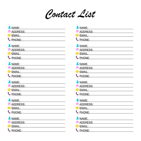 Phone Contact List Template - 10 Free PDF Printables | Printablee