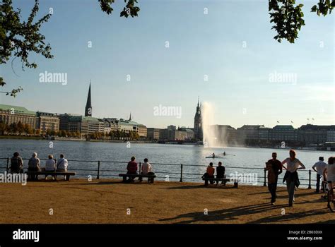 Hamburg’s landmark of the 35m high Alsterfontane (Alster fountain) in the Binnenalster or the ...